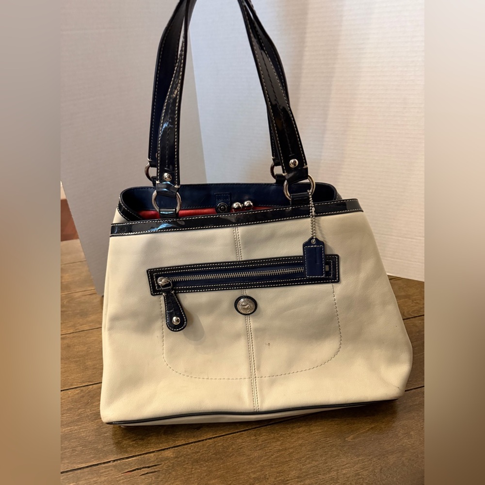 White and Navy Leather Coach Tote Bag with Contrast Trim